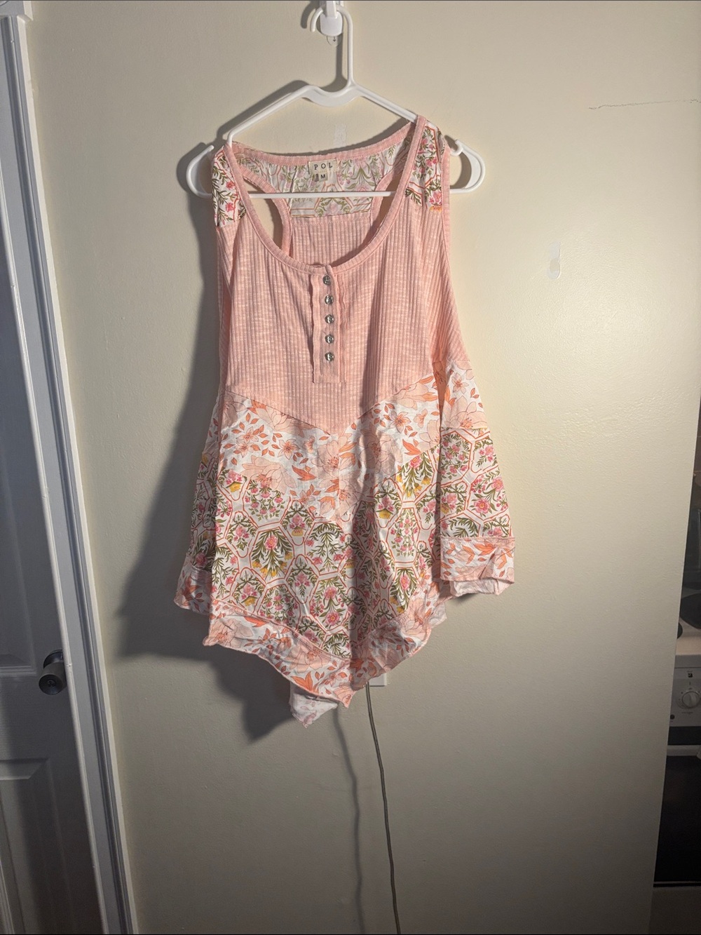 POL Pink Floral-Print Sleeveless Henley Tunic